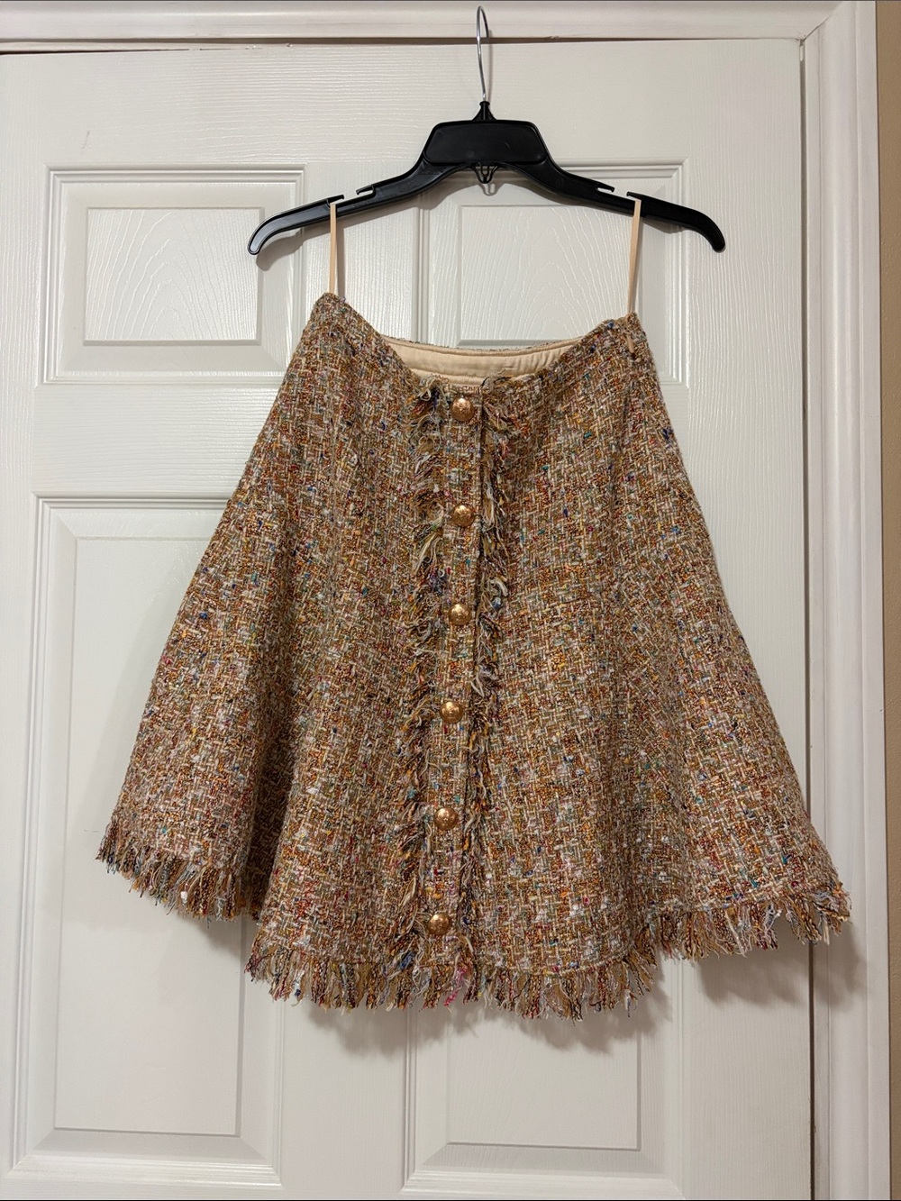cinq a sept Multi-Beige Tweed Circle Skirt with Fringe & Gold Buttons